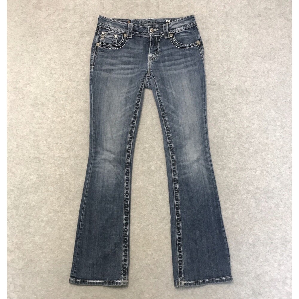 Miss Me Jeans Women 27 Boot Cut Mid Rise Studded Logo Y2K Medium Wash Distressed